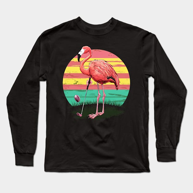 Flamingo Playing Golf Long Sleeve T-Shirt by mdr design